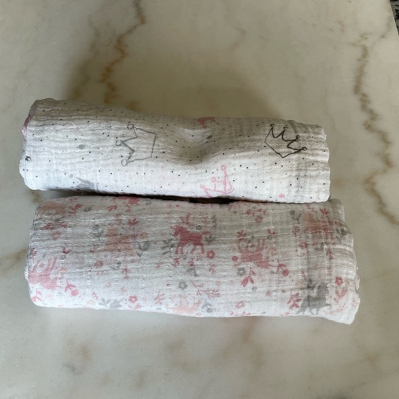 Two Pink and Gray Baby Swaddle Blankets - Picture 2 of 4